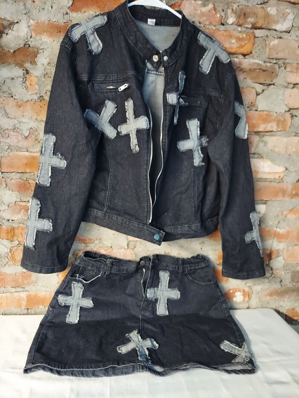 Womens Denim Jacket Skirt Set XXL Black Cross Patch Two Piece Moto Style
